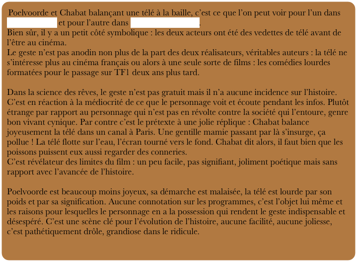 Poelvoorde et Chabat balançant une télé à la baille, c’est ce que l’on peut voir pour l’un dans Selon Charlie et pour l’autre dans la science des rêves.
Bien sûr, il y a un petit côté symbolique : les deux acteurs ont été des vedettes de télé avant de l’être au cinéma.
Le geste n’est pas anodin non plus de la part des deux réalisateurs, véritables auteurs : la télé ne s’intéresse plus au cinéma français ou alors à une seule sorte de films : les comédies lourdes formatées pour le passage sur TF1 deux ans plus tard.

Dans la science des rêves, le geste n’est pas gratuit mais il n’a aucune incidence sur l’histoire. C’est en réaction à la médiocrité de ce que le personnage voit et écoute pendant les infos. Plutôt étrange par rapport au personnage qui n’est pas en révolte contre la société qui l’entoure, genre bon vivant cynique. Par contre c’est le prétexte à une jolie réplique : Chabat balance joyeusement la télé dans un canal à Paris. Une gentille mamie passant par là s’insurge, ça pollue ! La télé flotte sur l’eau, l’écran tourné vers le fond. Chabat dit alors, il faut bien que les poissons puissent eux aussi regarder des conneries.
C’est révélateur des limites du film : un peu facile, pas signifiant, joliment poétique mais sans rapport avec l’avancée de l’histoire.

Poelvoorde est beaucoup moins joyeux, sa démarche est malaisée, la télé est lourde par son poids et par sa signification. Aucune connotation sur les programmes, c’est l’objet lui même et les raisons pour lesquelles le personnage en a la possession qui rendent le geste indispensable et désespéré. C’est une scène clé pour l’évolution de l’histoire, aucune facilité, aucune joliesse, c’est pathétiquement drôle, grandiose dans le ridicule.