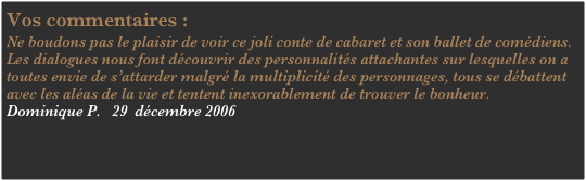 Vos commentaires :
Ne boudons pas le plaisir de voir ce joli conte de cabaret et son ballet de comédiens. 
Les dialogues nous font découvrir des personnalités attachantes sur lesquelles on a toutes envie de s’attarder malgré la multiplicité des personnages, tous se débattent avec les aléas de la vie et tentent inexorablement de trouver le bonheur.
Dominique P.   29  décembre 2006