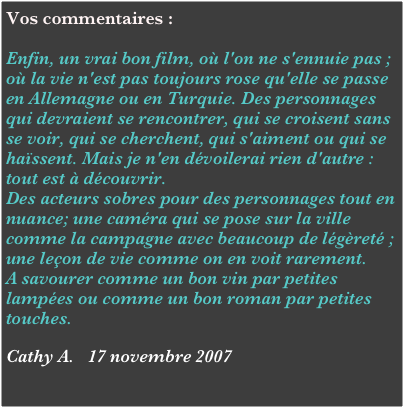 Vos commentaires :

Enfin, un vrai bon film, où l'on ne s'ennuie pas ; où la vie n'est pas toujours rose qu'elle se passe en Allemagne ou en Turquie. Des personnages qui devraient se rencontrer, qui se croisent sans se voir, qui se cherchent, qui s'aiment ou qui se haïssent. Mais je n'en dévoilerai rien d'autre : tout est à découvrir.
Des acteurs sobres pour des personnages tout en nuance; une caméra qui se pose sur la ville comme la campagne avec beaucoup de légèreté ; une leçon de vie comme on en voit rarement.
A savourer comme un bon vin par petites lampées ou comme un bon roman par petites touches. 

Cathy A.   17 novembre 2007

