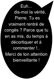 Euh... dis-moi la vérité, Pierre. Tu es vraiment rentré de congés ? Parce que tu en as mis, du temps à décortiquer et à commenter !.. 
Merci de ton attention bienveillante !