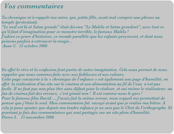 Vos commentaires

Ta chronique m'a rappelé ma mère, qui, petite fille, avait mal compris une phrase au temple (protestant).
"Le mal est là et Satan gronde" était devenu "Le Maléla et Satan grondent", avec tout ce qu'il faut d'imagination pour ce monstre terrible, le fameux Maléla !
J'adore ce genre d'histoires, ce monde parallèle que les enfants perçoivent, et dont nous peinons parfois à retrouver la magie...
 Anne C   31 octobre 2006




En effet le rêve et la confusion font partie de notre imagination. Cela nous permet de nous rappeler que nous sommes faits avec nos faiblesses et nos valeurs.
Cette page consacrée à la « chronique de l’enfance » est également une page d’humilité, en  effet  la réalisation d’un site sur le cinéma et son alimentation au fil de l’eau  n’est pas facile. Il ne faut pas non plus être sans défaut pour le réaliser, et oui même le réalisateur, un fan de cinéma fait des erreurs,  c’est génial non !  Il est comme nous le gars !
Pour le fameux film David … J’avais fait la même erreur, mon orgueil me permettait de penser que j’étais le seul. Mon commentaire fut  envoyé avant que je réalise ma bêtise. A cela je peux ajouter que depuis ma tendre enfance je ne suis pas le Clint de l’orthographe. Et pourtant je fais des commentaires qui sont partagés sur un site plein d’humilité.
Pierre L    15 novembre 2006