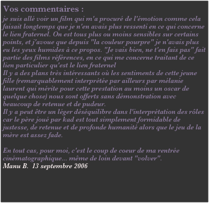 Vos commentaires :
je suis allé voir un film qui m'a procuré de l'émotion comme cela faisait longtemps que je n'en avais plus ressenti en ce qui concerne le lien fraternel. On est tous plus ou moins sensibles sur certains points, et j'avoue que depuis "la couleur pourpre" je n'avais plus eu les yeux humides à ce propos. "Je vais bien, ne t'en fais pas" fait partie des films références, en ce qui me concerne traitant de ce lien particulier qu'est le lien fraternel
Il y a des plans très intéressants où les sentiments de cette jeune fille (remarquablement interprétée par ailleurs par mélanie laurent qui mérite pour cette prestation au moins un oscar de quelque chose) nous sont offerts sans démonstration avec beaucoup de retenue et de pudeur.
Il y a peut être un léger déséquilibre dans l'interprétation des rôles car le père joué par kad est tout simplement formidable de justesse, de retenue et de profonde humanité alors que le jeu de la mère est assez fade.
 
En tout cas, pour moi, c'est le coup de coeur de ma rentrée cinématographique... même de loin devant "volver".
Manu B.  13 septembre 2006