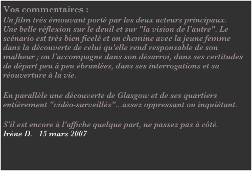 Vos commentaires :
Un film très émouvant porté par les deux acteurs principaux.
Une belle réflexion sur le deuil et sur "la vision de l'autre". Le scénario est très bien ficelé et on chemine avec la jeune femme dans la découverte de celui qu'elle rend responsable de son malheur ; on l'accompagne dans son désarroi, dans ses certitudes de départ peu à peu ébranlées, dans ses interrogations et sa réouverture à la vie.
 
En parallèle une découverte de Glasgow et de ses quartiers entièrement "vidéo-surveillés"...assez oppressant ou inquiétant.
 
S'il est encore à l'affiche quelque part, ne passez pas à côté.
Irène D.   15 mars 2007