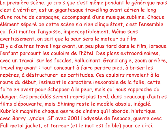 La première scène, je crois que c’est même pendant le générique mais c’est à vérifier, est un gigantesque travelling avant aérien le long d’une route de campagne, accompagné d’une musique sublime. Chaque élément séparé de cette scène n’a rien d’inquiétant, c’est l’ensemble qui fait monter l’angoisse, imperceptiblement. Même sans avertissement, on sait que la peur sera le moteur du film. 
Il y a d’autres travellings avant, un peu plus tard dans le film, lorsque l’enfant parcourt les couloirs de l’hôtel. Des plans extraordinaires, avec un travail sur les focales, hallucinant. Grand angle, zoom arrière, travelling avant : tout concourt à faire perdre pied, à briser les repères, à déstructurer les certitudes. Ces couloirs renvoient à la route du début, insinuant le caractère inexorable de la folie, cette fuite en avant pour échapper à la peur, mais qui nous rapproche du danger. Ces procédés seront repris plus tard, dans beaucoup d’autres films d’épouvante, mais Shining reste le modèle absolu, inégalé. Kubrick magnifie chaque genre de cinéma qu’il aborde, historique avec Barry Lyndon, SF avec 2001 l’odyssée de l’espace, guerre avec Full metal jacket, et terreur (et le mot est faible) pour celui-ci.
